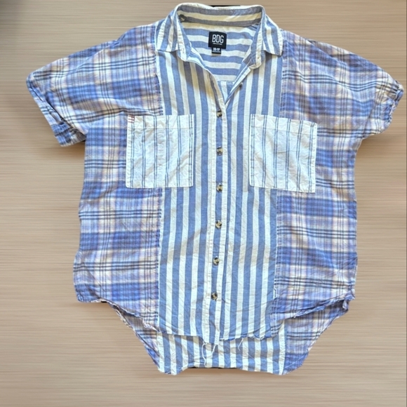 Urban Outfitters BDG Stevie Spliced Button Down Shirt Short Sleeve Relaxed Blue - Picture 14 of 14